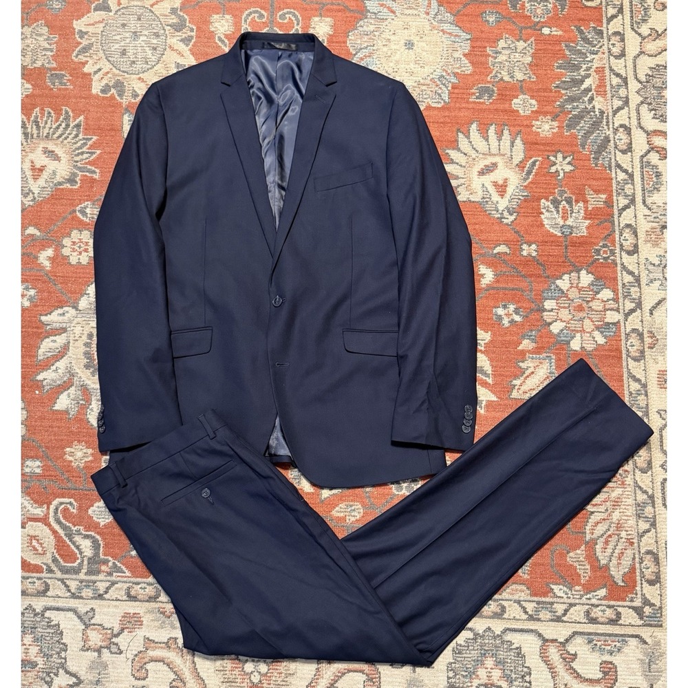Kenneth Cole Techni-Cole Suit Mens 44L 38W Navy Blue Jacket & Pants